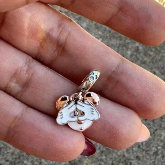 New Pandora S925 Rose Gold Disney Mickey Mouse Double Dangle Charm - Picture 4 of 5